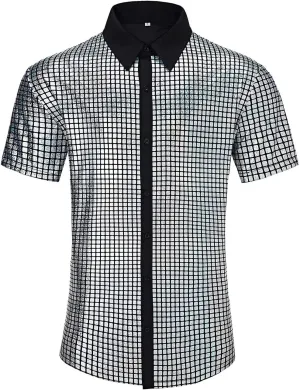 Men's 70s Disco Outfits Shirt Sequin Short Sleeve Top Prom Costume Halloween Party