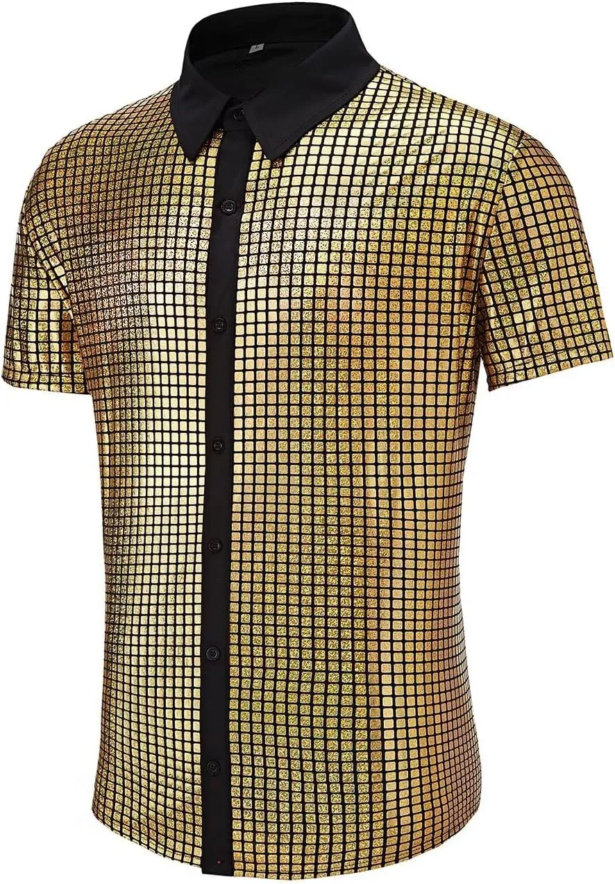 Men's 70s Disco Outfits Shirt Sequin Short Sleeve Top Prom Costume Halloween Party
