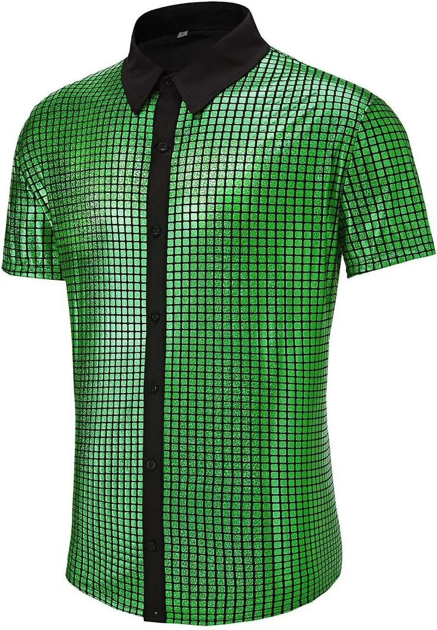 Men's 70s Disco Outfits Shirt Sequin Short Sleeve Top Prom Costume Halloween Party