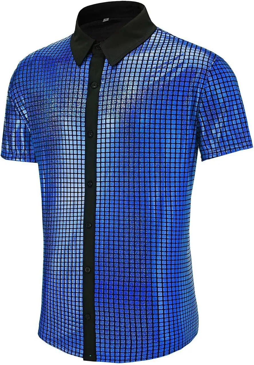 Men's 70s Disco Outfits Shirt Sequin Short Sleeve Top Prom Costume Halloween Party
