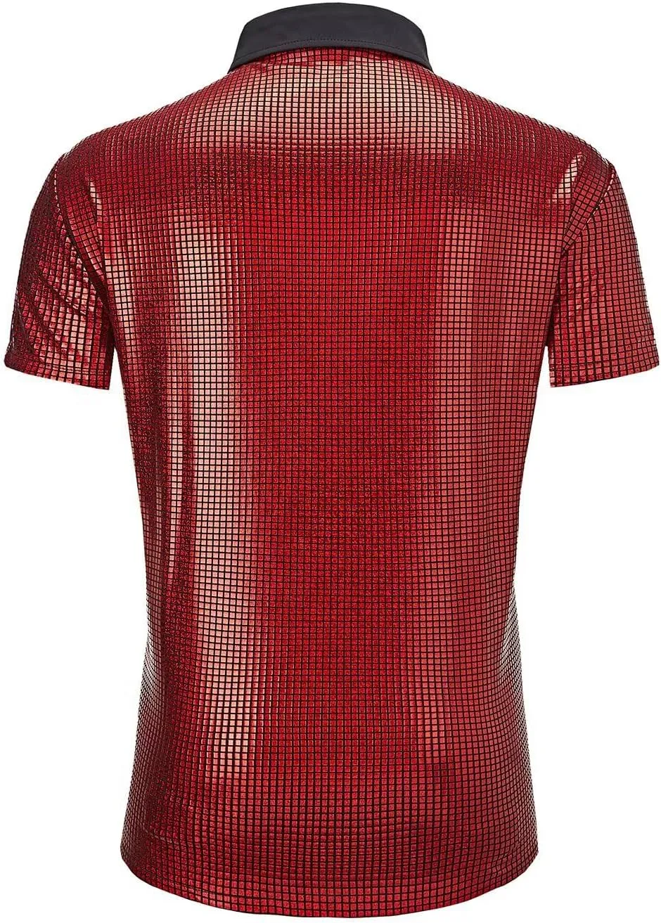 Men's 70s Disco Outfits Shirt Sequin Short Sleeve Top Prom Costume Halloween Party