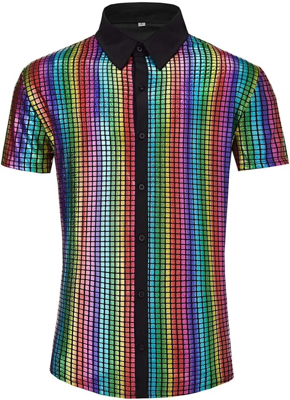 Men's 70s Disco Outfits Shirt Sequin Short Sleeve Top Prom Costume Halloween Party