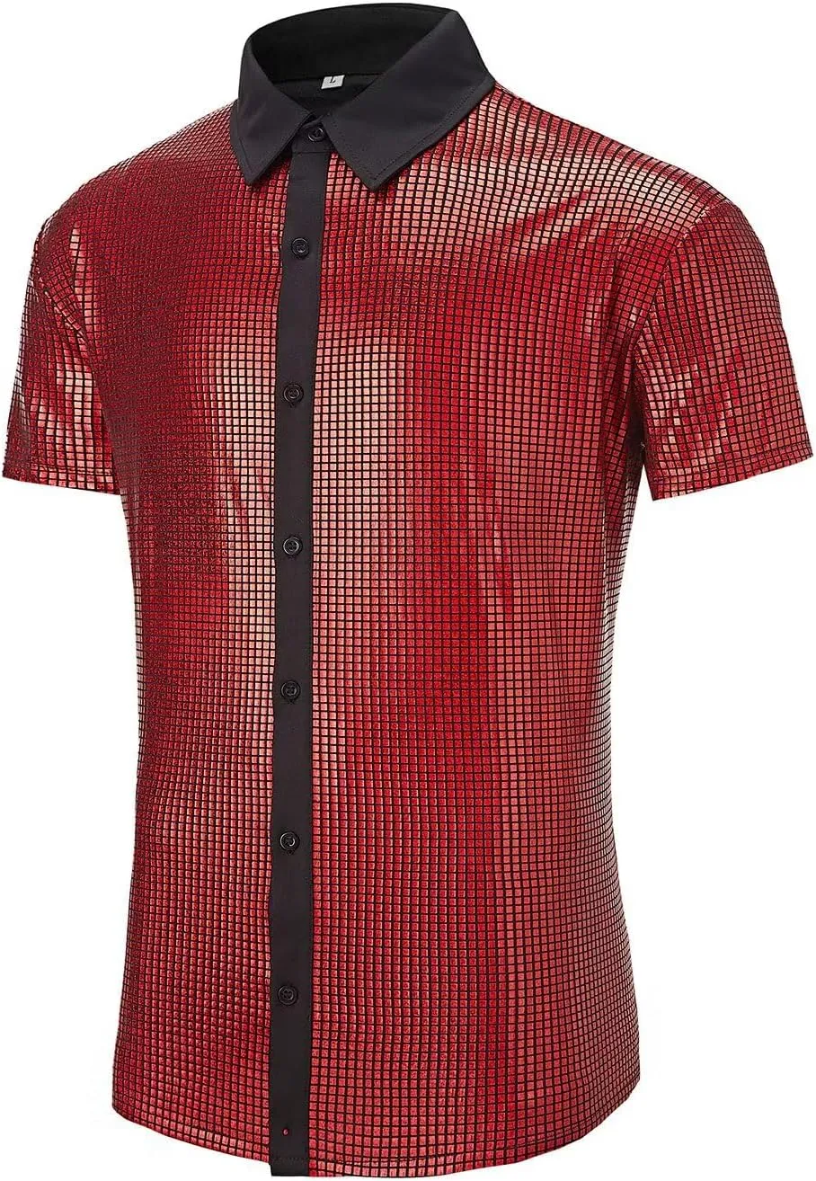 Men's 70s Disco Outfits Shirt Sequin Short Sleeve Top Prom Costume Halloween Party