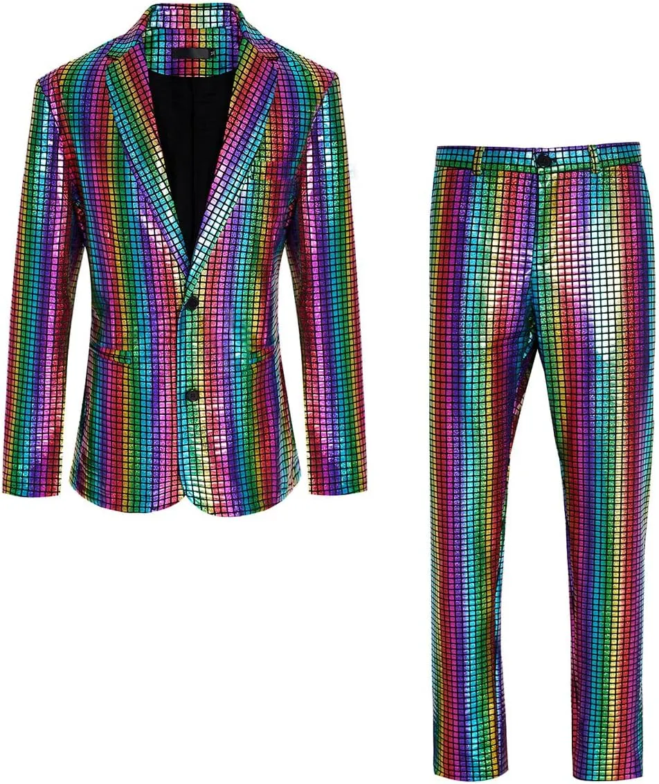 Men's 70s Disco Suit Set with Metal Sequin Jacket and Pants
