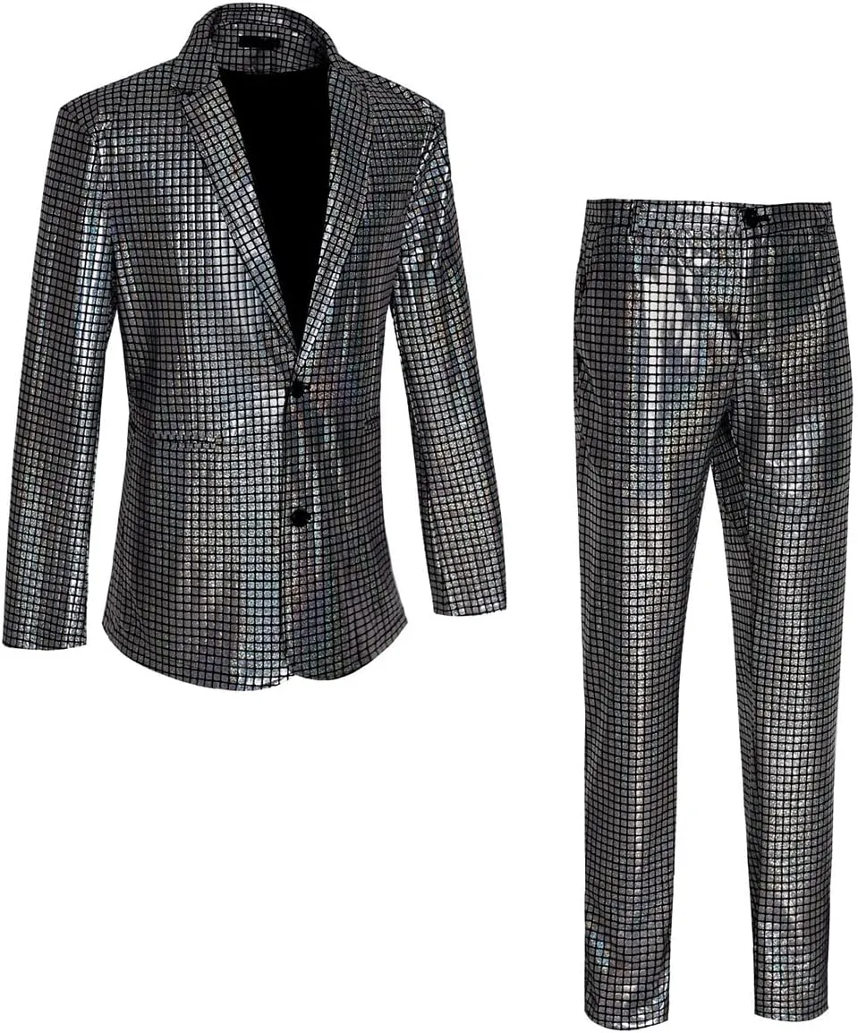 Men's 70s Disco Suit Set with Metal Sequin Jacket and Pants