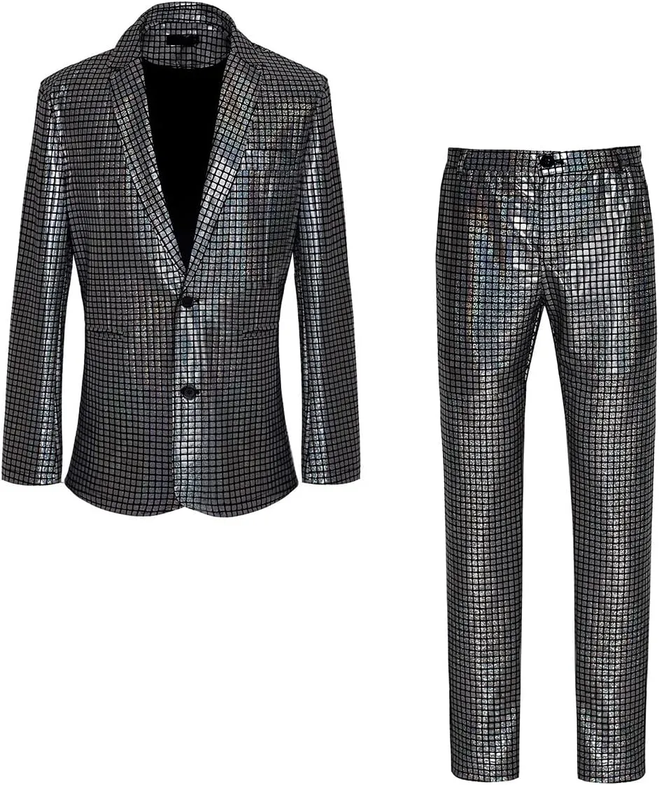 Men's 70s Disco Suit Set with Metal Sequin Jacket and Pants