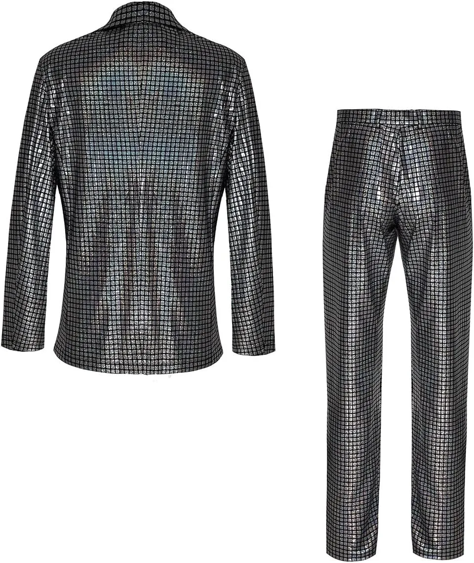 Men's 70s Disco Suit Set with Metal Sequin Jacket and Pants