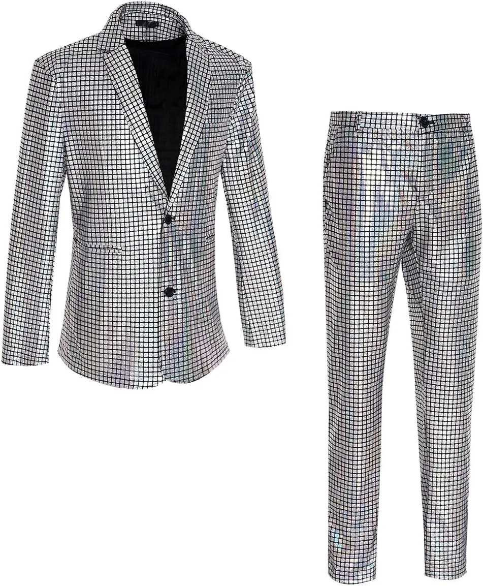 Men's 70s Disco Suit Set with Metal Sequin Jacket and Pants