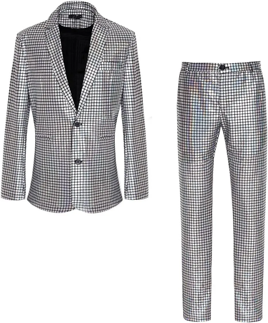 Men's 70s Disco Suit Set with Metal Sequin Jacket and Pants
