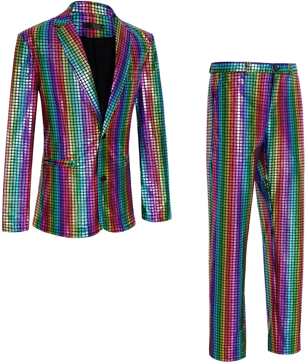 Men's 70s Disco Suit Set with Metal Sequin Jacket and Pants