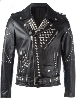Men's Classic Silver Studded Biker Leather Jacket