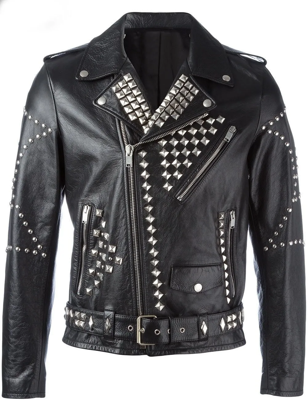 Men's Classic Silver Studded Biker Leather Jacket