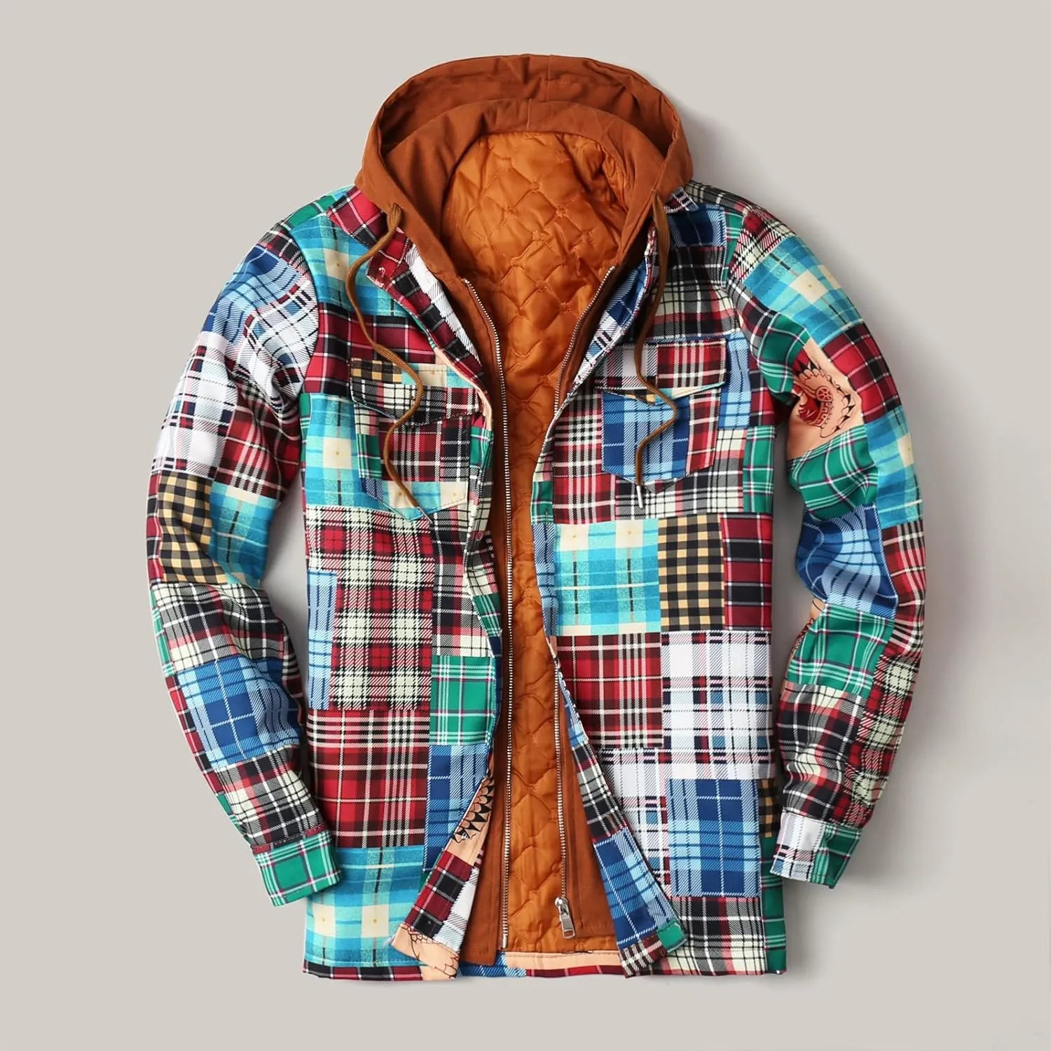 Men's Flannel Jackets Autumn Stripe Print Hooded Zipper Pocket Long Sleeve Shirt Patchwork Jacket Casual Long