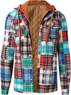 Men's Flannel Jackets Autumn Stripe Print Hooded Zipper Pocket Long Sleeve Shirt Patchwork Jacket Casual Long