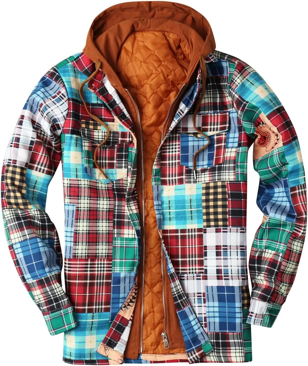 Men's Flannel Jackets Autumn Stripe Print Hooded Zipper Pocket Long Sleeve Shirt Patchwork Jacket Casual Long