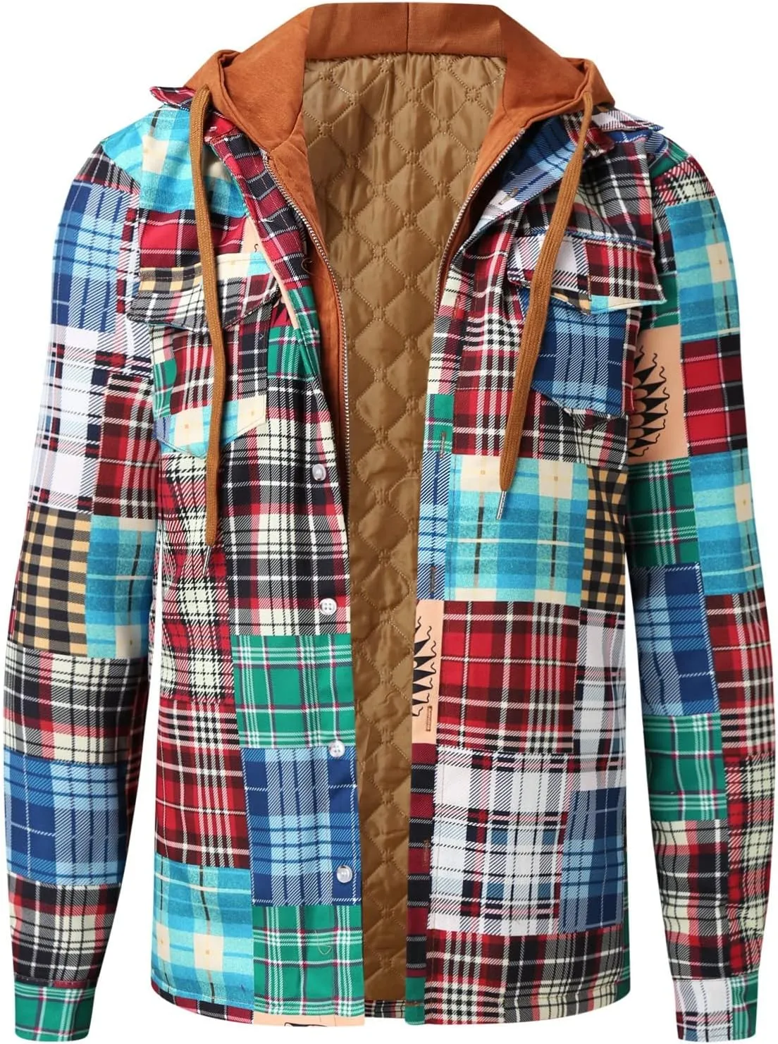 Men's Flannel Jackets Autumn Stripe Print Hooded Zipper Pocket Long Sleeve Shirt Patchwork Jacket Casual Long
