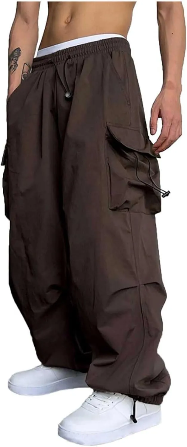 Men's Hip Hop Parachute Jogger Pants Y2K Street Baggy Trousers Rap Hippies Cargo Pants Harem Pants with Pockets