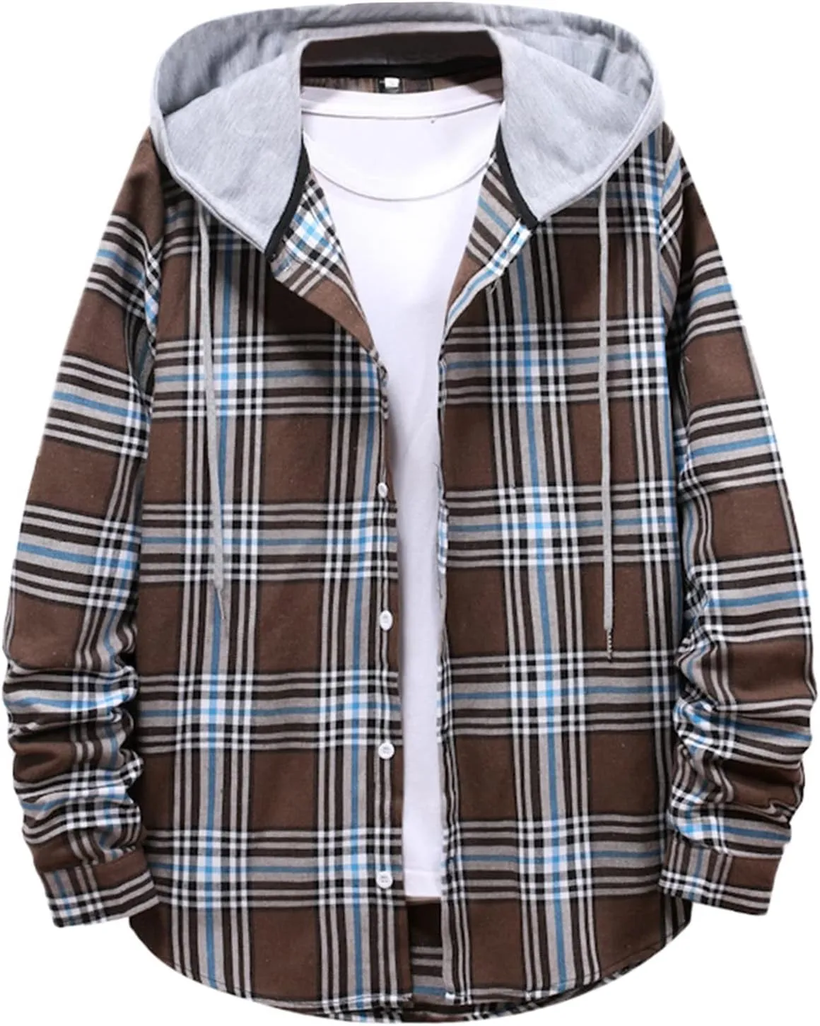 Men's Hooded Shirts Jackets Flannel Collar Long Sleeve Shirt Blouse Quilted Lined Flannel Shirt Jacket for Men Fall