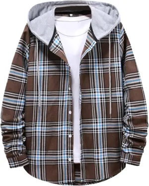 Men's Hooded Shirts Jackets Flannel Collar Long Sleeve Shirt Blouse Quilted Lined Flannel Shirt Jacket for Men Fall