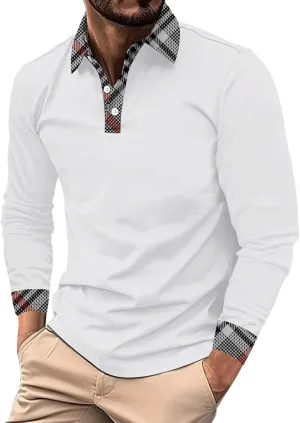 Men's Knit Lapel Collar Shirts Casual Printted Patchwork Long Sleeve Classic Shirts Outdoor Button Down Golf Shirts