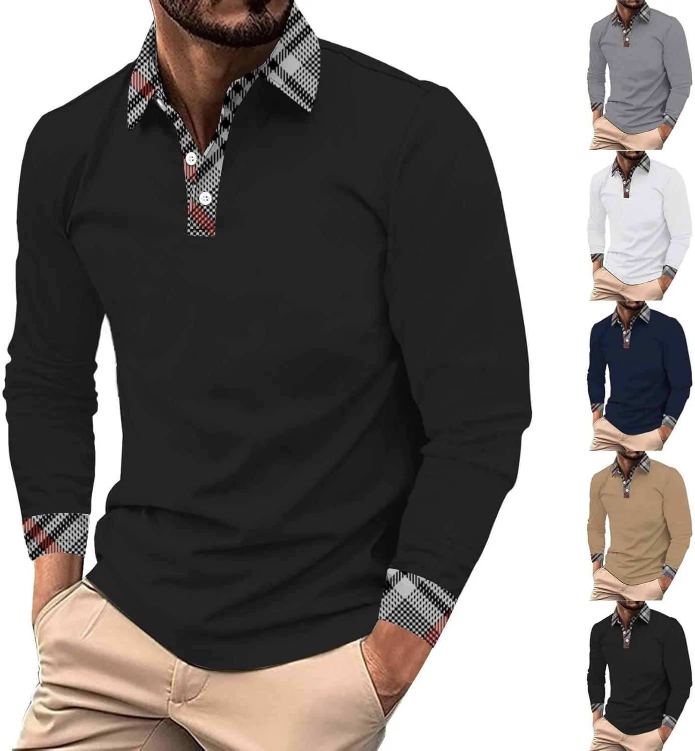 Men's Knit Lapel Collar Shirts Casual Printted Patchwork Long Sleeve Classic Shirts Outdoor Button Down Golf Shirts