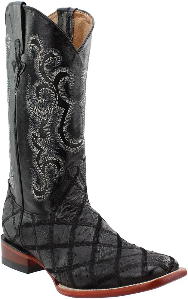 Men's Ostrich Patch Black Leather Boots