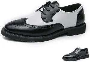 Men's Patchwork Two Tone Brogue Oxfords Shoes Fashion Wingtip Round-Toe Lace Up Low Top Leather Dress Shoes Classic Hand Stitched Business Formal Derby Shoes