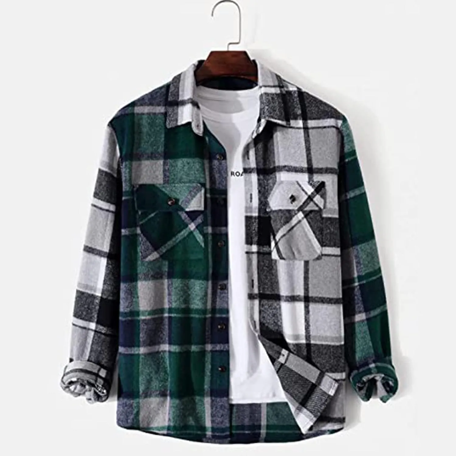 Men's Plaid Hooded Shirts Casual Print Lapel Button Down Pocket Long Sleeve Shirt Fall Casual Button Down Shirts