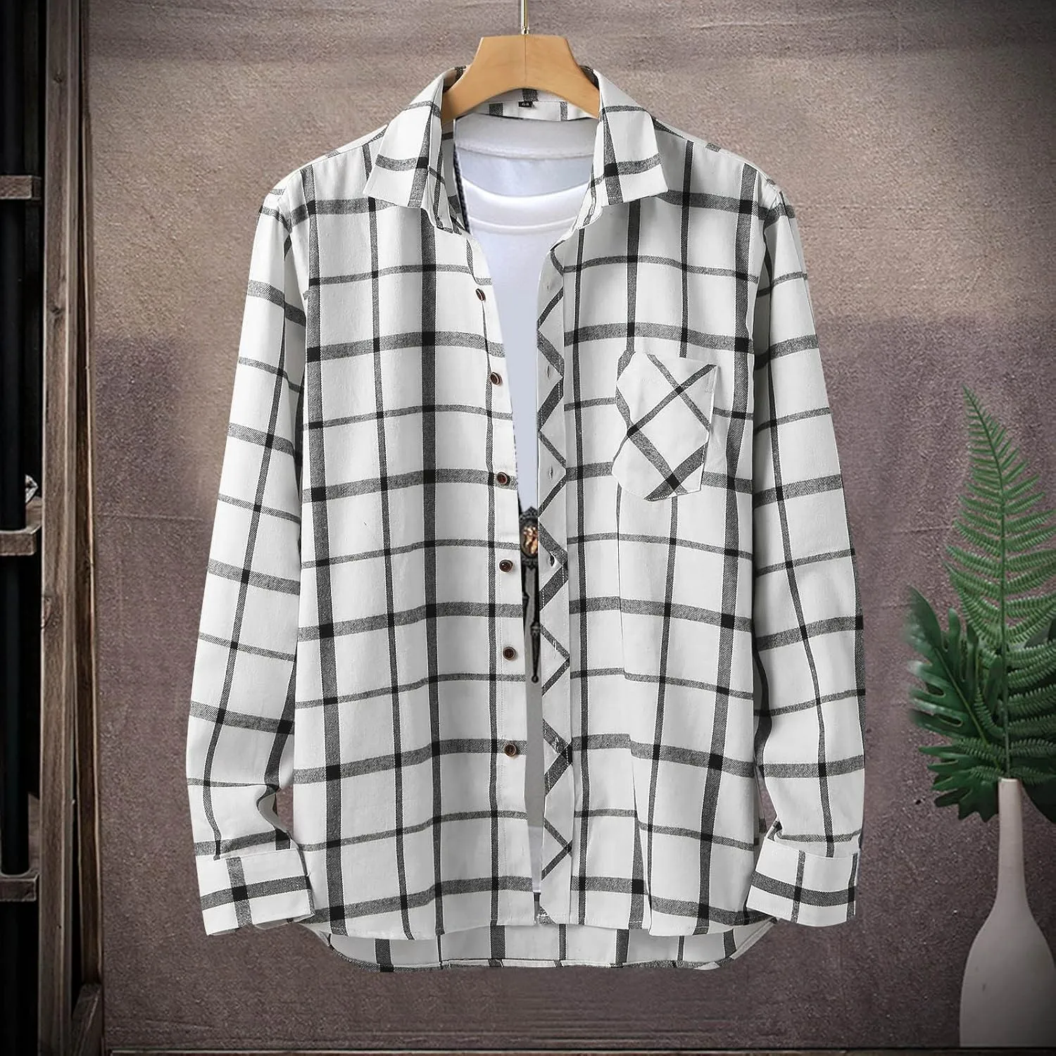 Mens Plaid Jacket Fashionable Square Printing Lightweight Breathable Long Sleeve Lapel Formal Shirt with Hood for