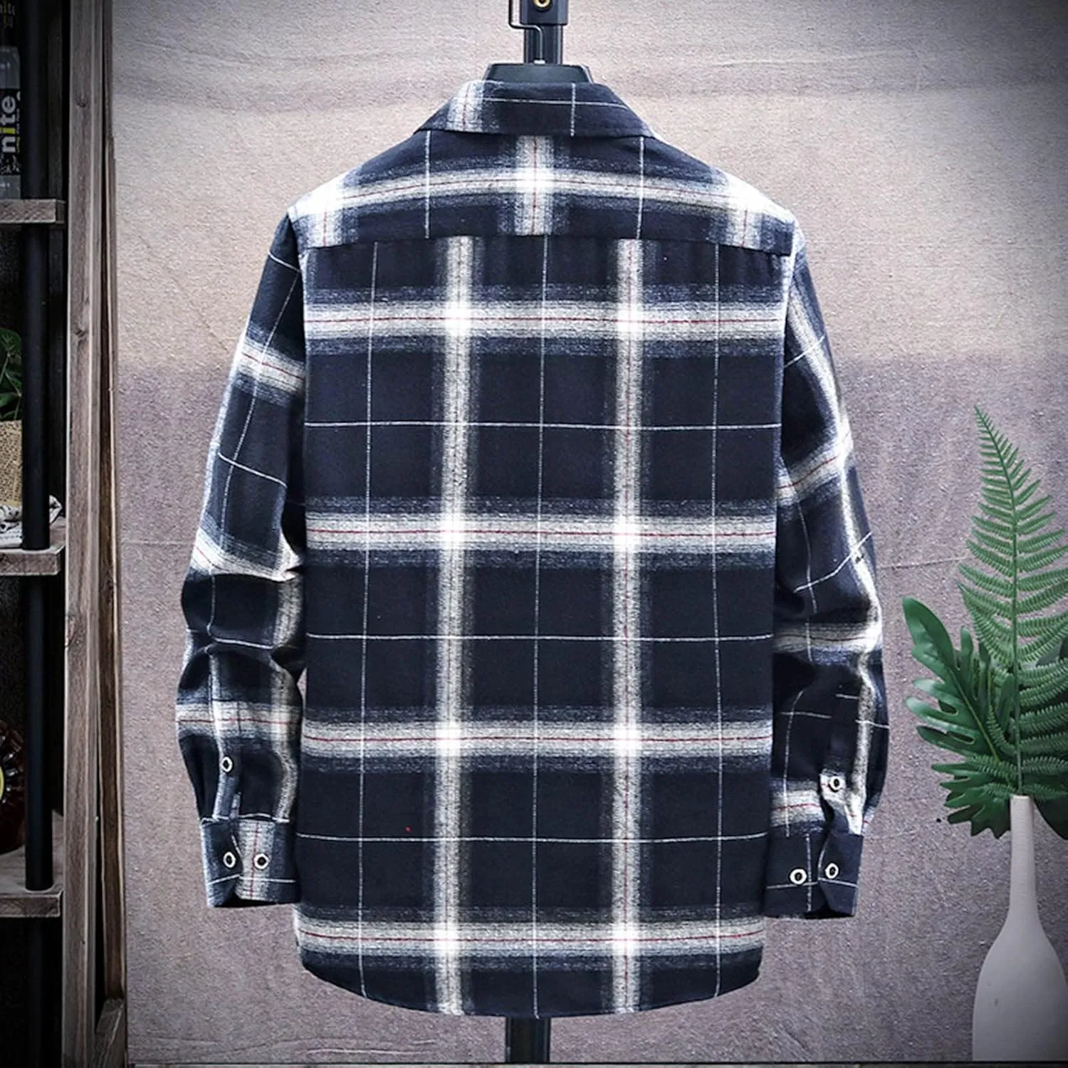 Mens Plaid Jacket Fashionable Square Printing Lightweight Breathable Long Sleeve Lapel Formal Shirt with Hood for