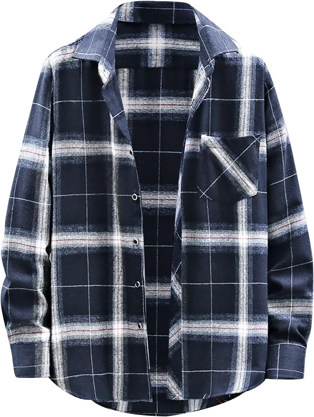 Mens Plaid Jacket Fashionable Square Printing Lightweight Breathable Long Sleeve Lapel Formal Shirt with Hood for