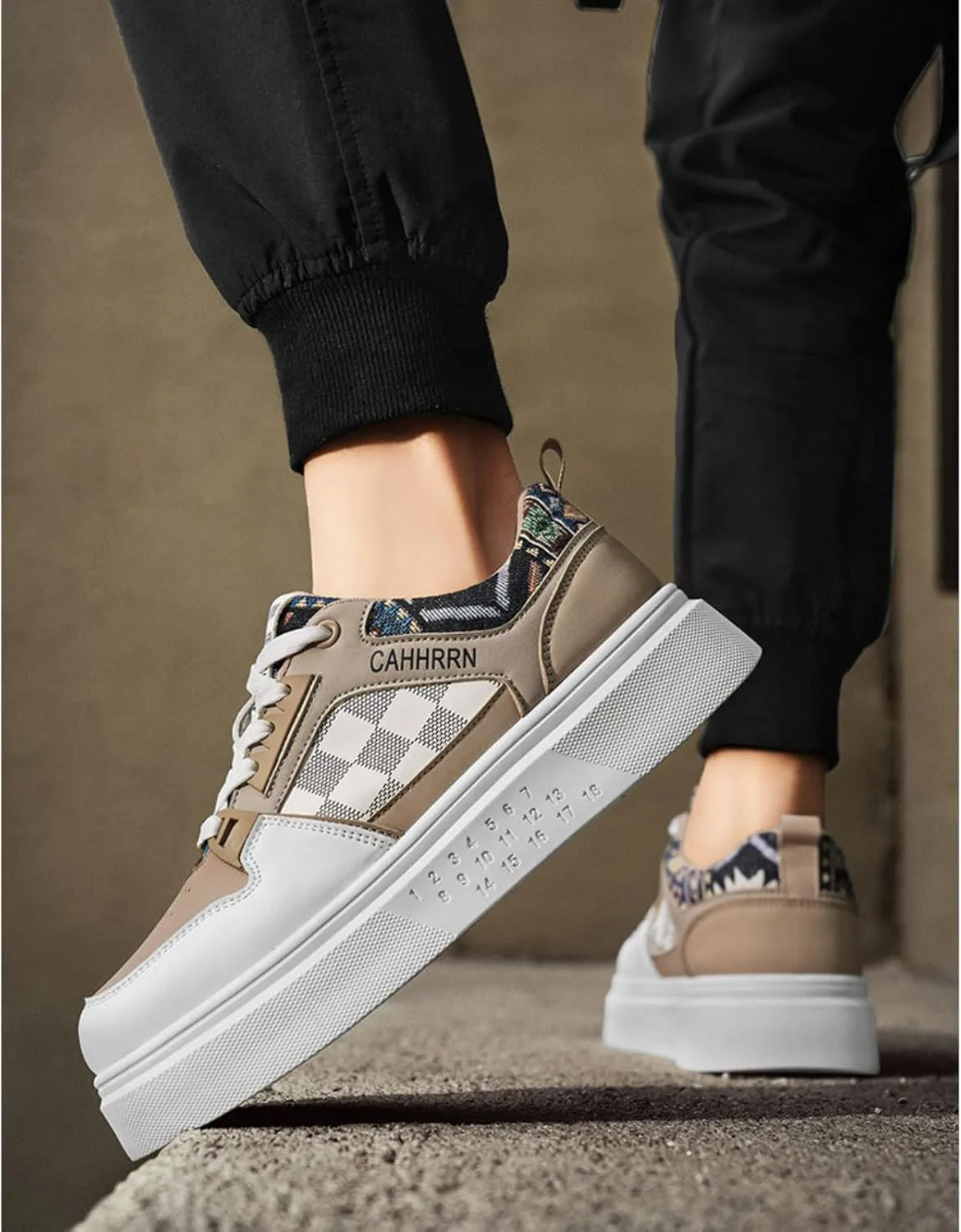 Men's Platform Fashion Sneakers Plaid Patchwork Leather Comfortable Casual Streetwear Walking Shoes