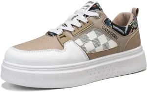 Men's Platform Fashion Sneakers Plaid Patchwork Leather Comfortable Casual Streetwear Walking Shoes