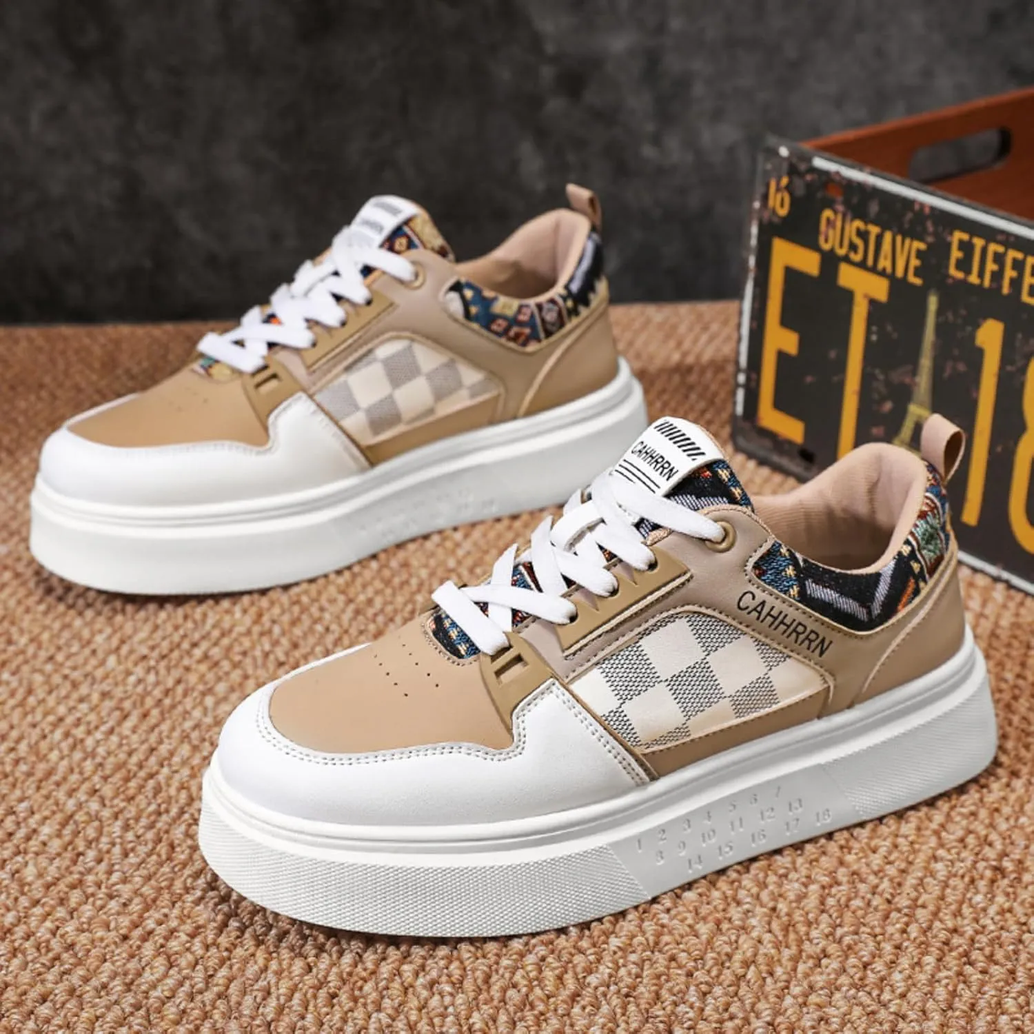 Men's Platform Fashion Sneakers Plaid Patchwork Leather Comfortable Casual Streetwear Walking Shoes