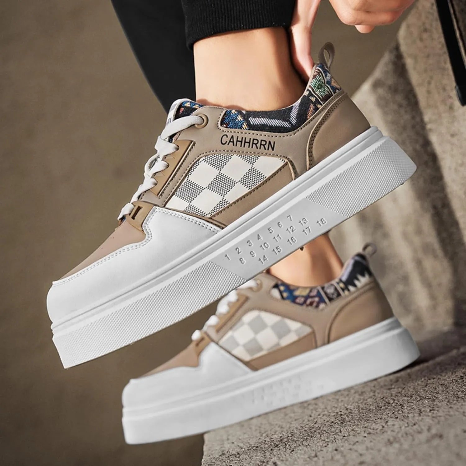 Men's Platform Fashion Sneakers Plaid Patchwork Leather Comfortable Casual Streetwear Walking Shoes