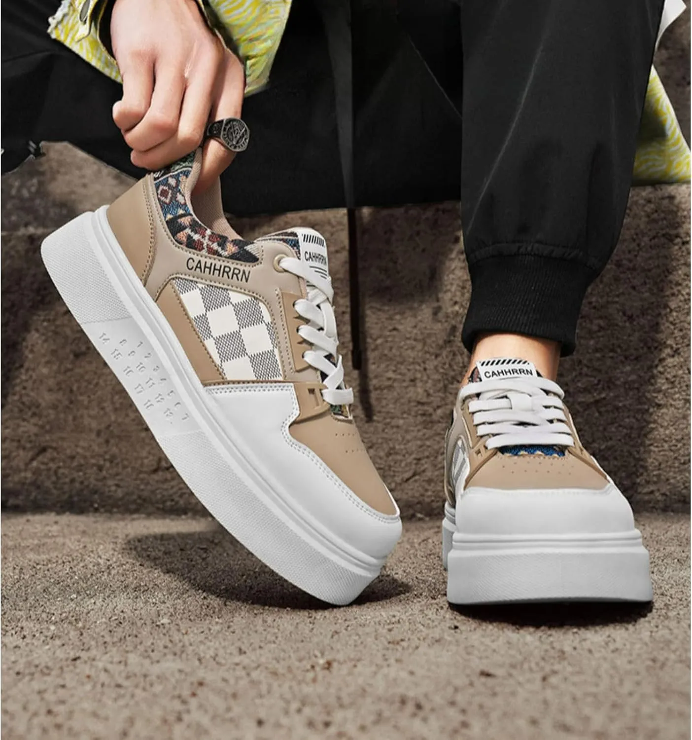 Men's Platform Fashion Sneakers Plaid Patchwork Leather Comfortable Casual Streetwear Walking Shoes