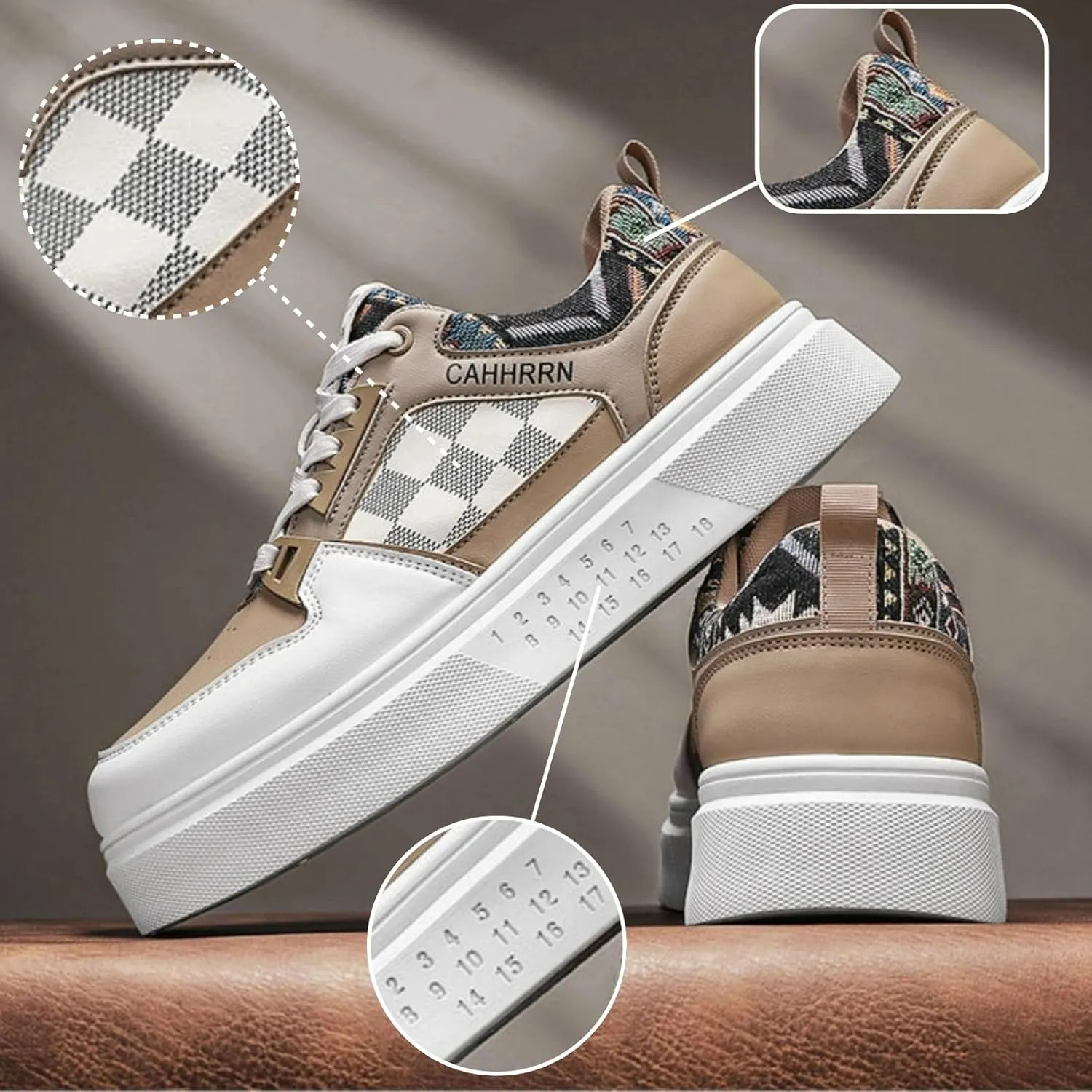 Men's Platform Fashion Sneakers Plaid Patchwork Leather Comfortable Casual Streetwear Walking Shoes