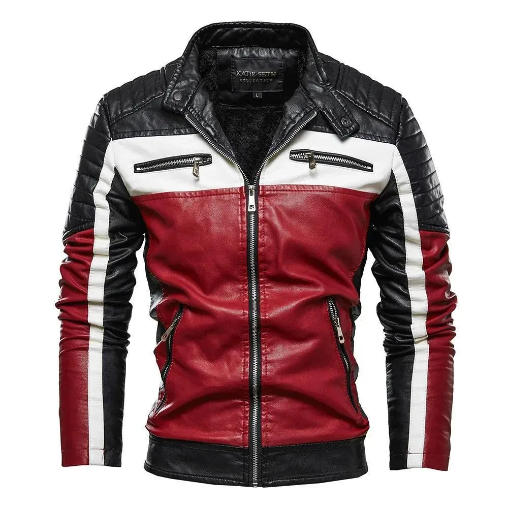 Men's PU Leather Patchwork Biker Jacket