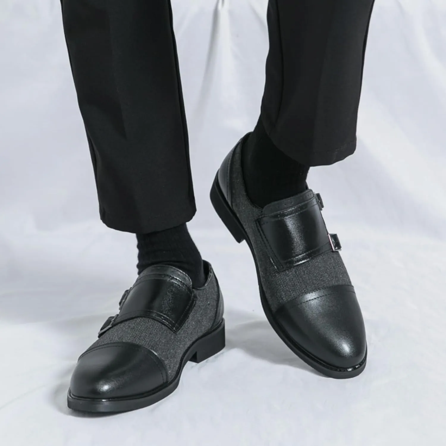 Mens Retro Two Tone Patchwork Leather Slip-On Monk Strap Oxfords Dress Shoes Low Top Round Toe Non-Slip Casual Shoes for Comfortable for Work Office Dress