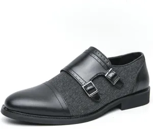 Mens Retro Two Tone Patchwork Leather Slip-On Monk Strap Oxfords Dress Shoes Low Top Round Toe Non-Slip Casual Shoes for Comfortable for Work Office Dress