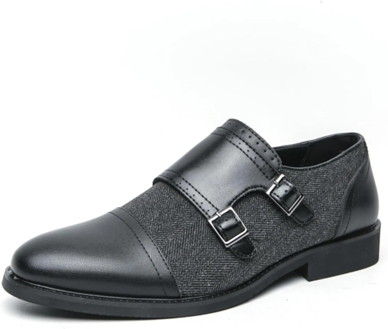 Mens Retro Two Tone Patchwork Leather Slip-On Monk Strap Oxfords Dress Shoes Low Top Round Toe Non-Slip Casual Shoes for Comfortable for Work Office Dress