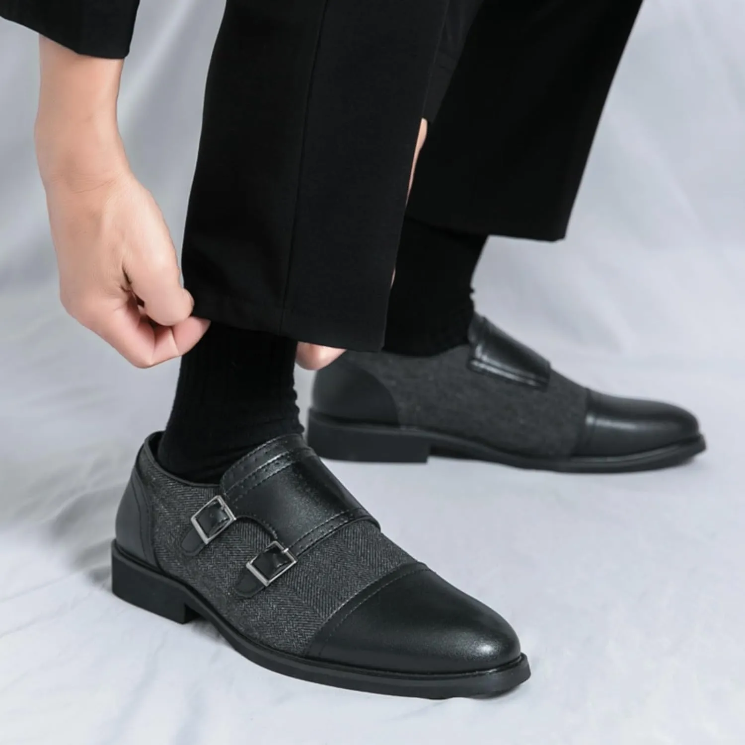 Mens Retro Two Tone Patchwork Leather Slip-On Monk Strap Oxfords Dress Shoes Low Top Round Toe Non-Slip Casual Shoes for Comfortable for Work Office Dress