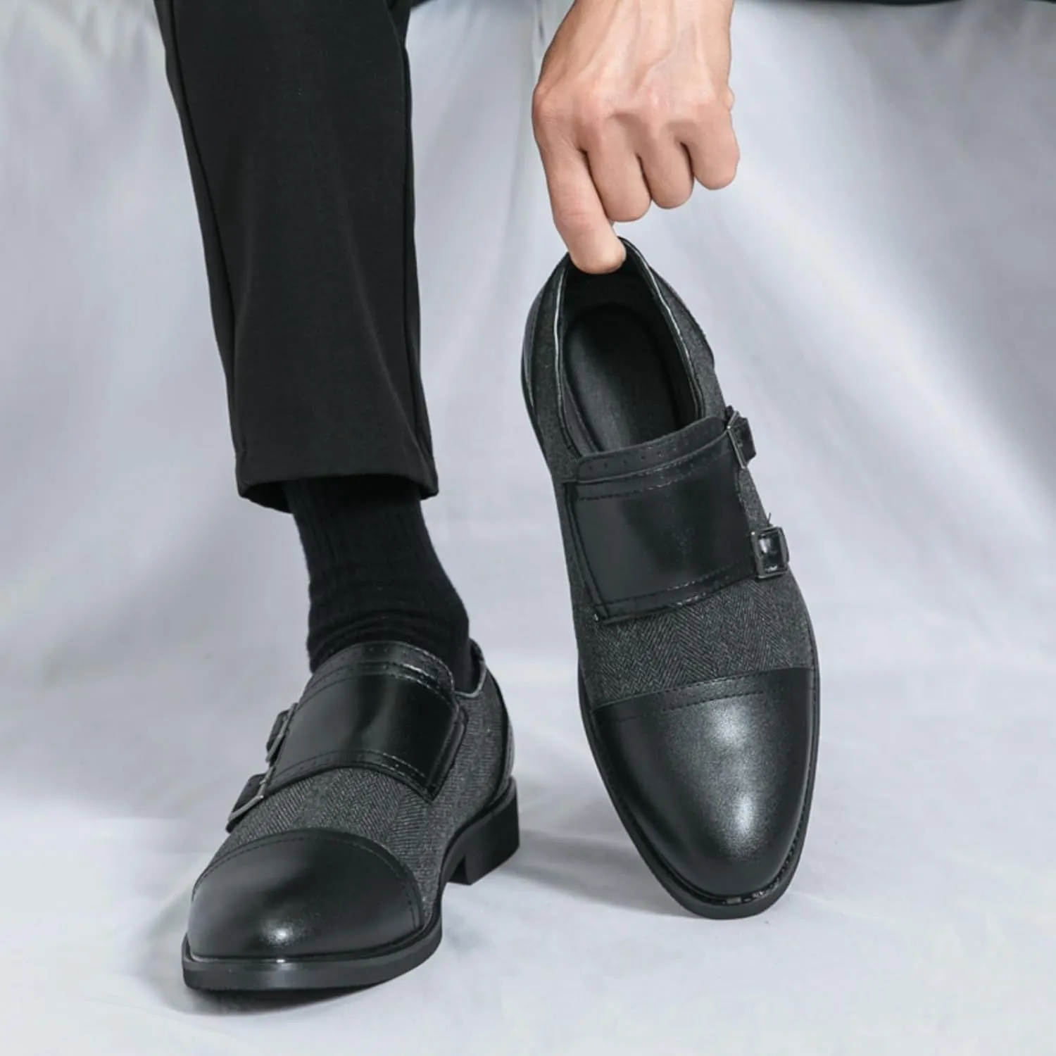 Mens Retro Two Tone Patchwork Leather Slip-On Monk Strap Oxfords Dress Shoes Low Top Round Toe Non-Slip Casual Shoes for Comfortable for Work Office Dress
