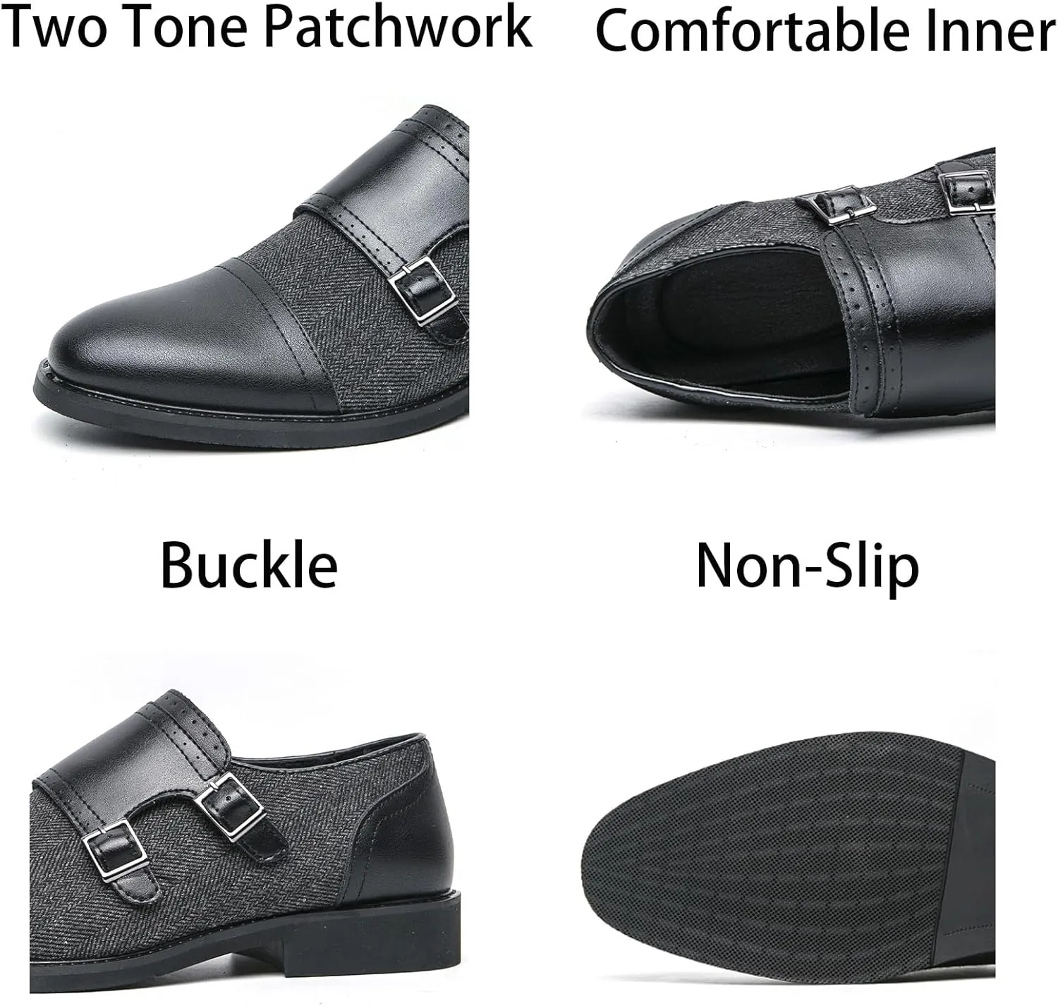 Mens Retro Two Tone Patchwork Leather Slip-On Monk Strap Oxfords Dress Shoes Low Top Round Toe Non-Slip Casual Shoes for Comfortable for Work Office Dress