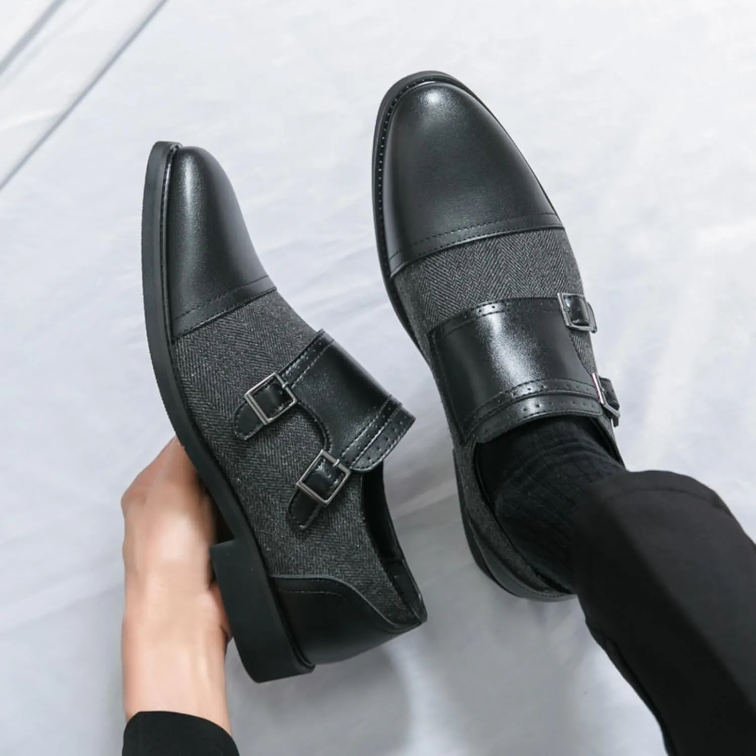 Mens Retro Two Tone Patchwork Leather Slip-On Monk Strap Oxfords Dress Shoes Low Top Round Toe Non-Slip Casual Shoes for Comfortable for Work Office Dress