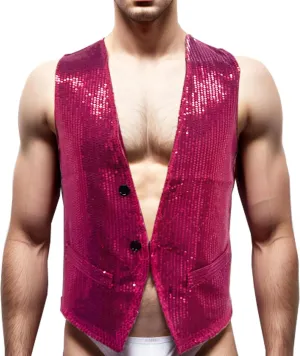 Men's Sparkling Sequin Vest V-Neck Slim Fit Waistcoat for Dancing Christmas Party Wedding Prom Events