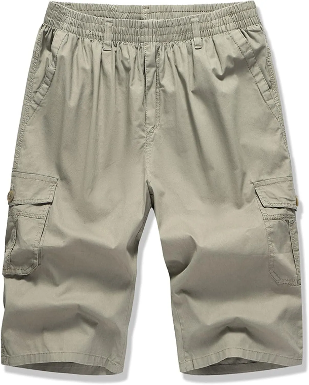 Mens Summer Shorts Loose Fit Cotton Elastic Waist Multi Pockets Cargo Shorts Fashion Outdoor Solid Beach Shorts