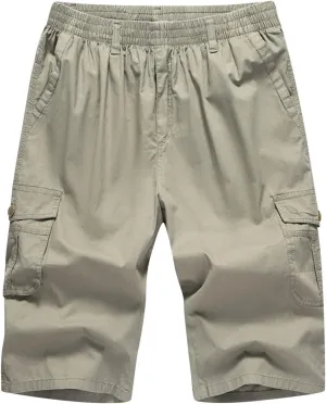 Mens Summer Shorts Loose Fit Cotton Elastic Waist Multi Pockets Cargo Shorts Fashion Outdoor Solid Beach Shorts