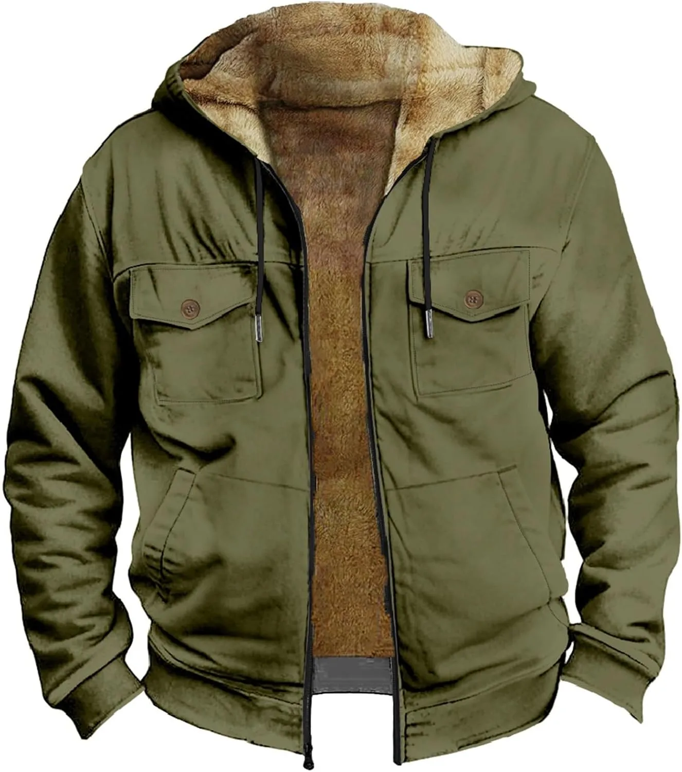Men's Winter Jacket Hooded Sweater with Brown Pocket Cotton Jacket Hooded Windproof Windbreaker Jacket for Men