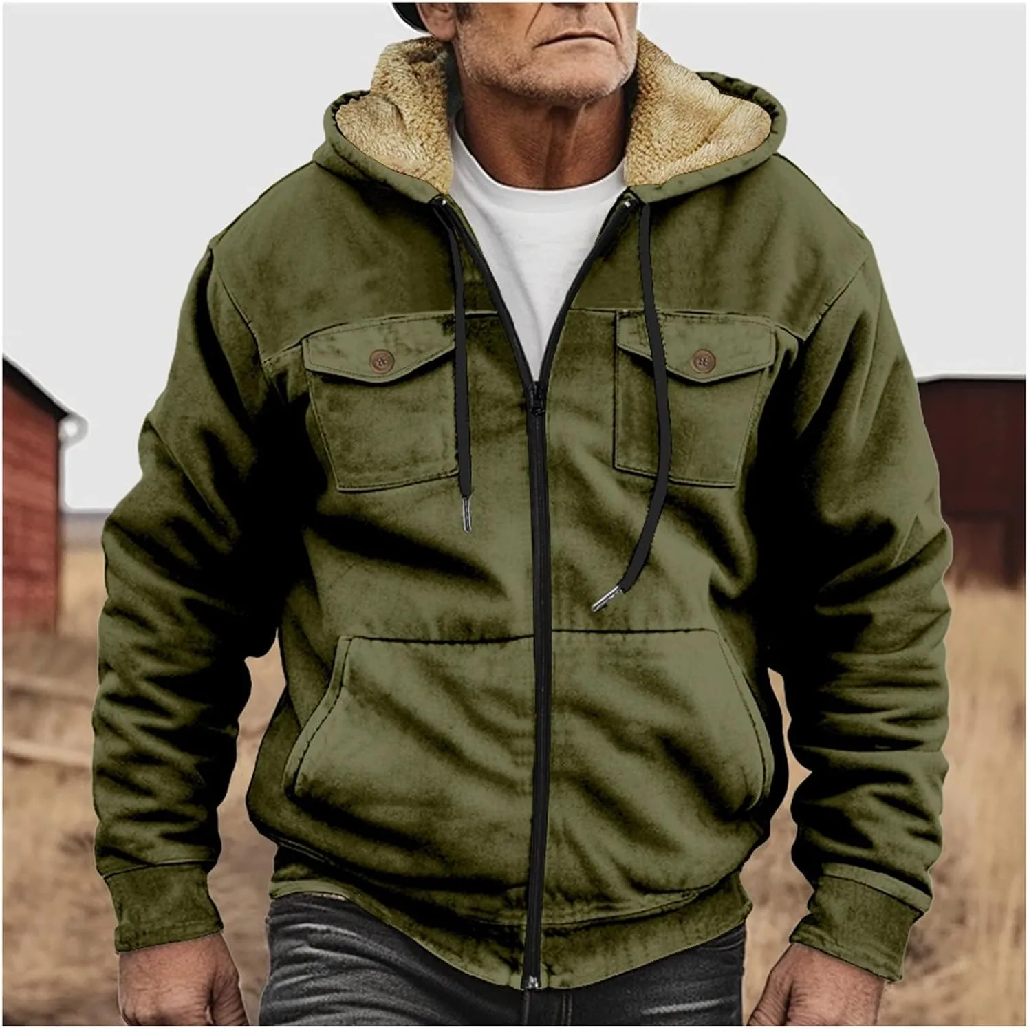 Men's Winter Jacket Hooded Sweater with Brown Pocket Cotton Jacket Hooded Windproof Windbreaker Jacket for Men